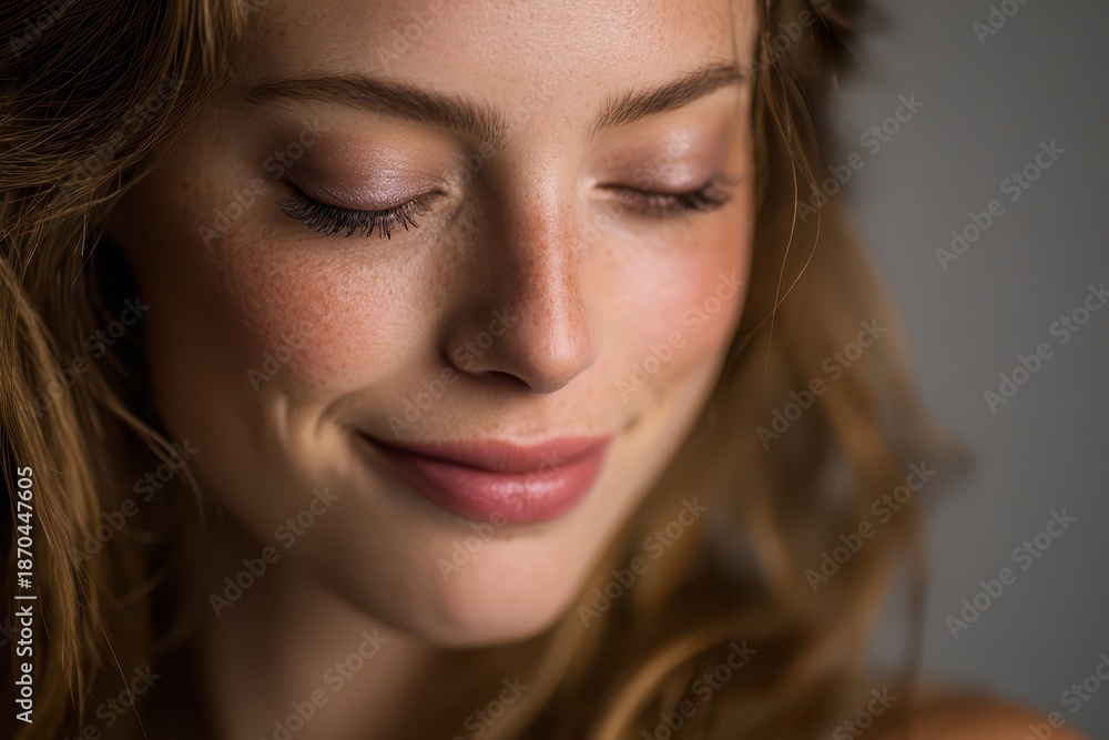 Obraz premium Studio portrait of a smiling woman with makeup, eyes closed, soft lighting and natural skin tones