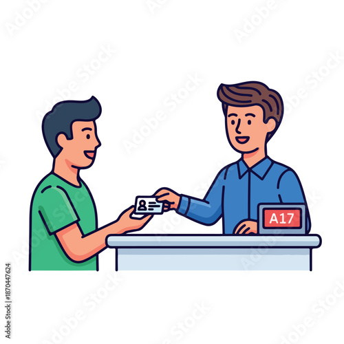 Illustration of a man receiving a ticket from a service counter staff with a digital display showing A17.