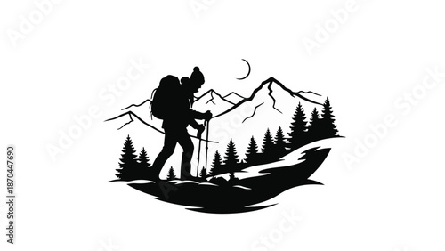 Adventurous hiker with backpack ascends a scenic mountain trail under a crescent moon.