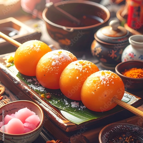 Four orange balls on a stick, dusted with powder, atop a plate, among various oriental food items