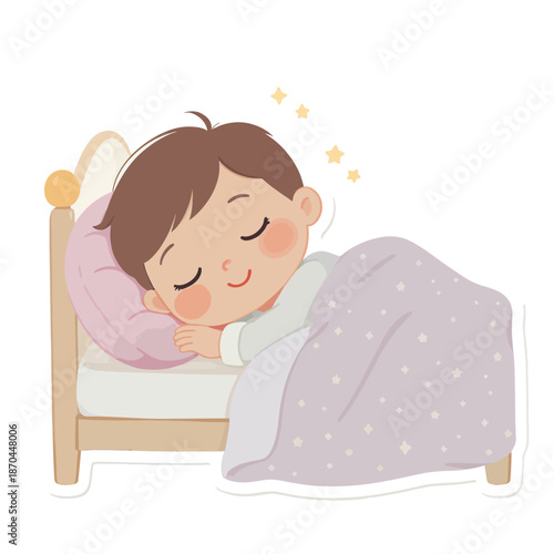 An endearing illustration of a tranquil young child peacefully sleeping in a cozy bed, showcasing the essence of rest, sweet dreams, and serene comfort