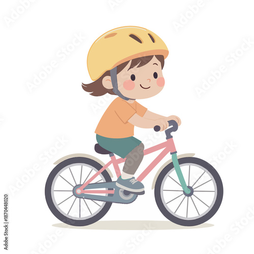 Joyful Young Girl Learning to Ride a Bicycle Safely, Wearing a Helmet and Smiling During Outdoor Play and Childhood Recreation