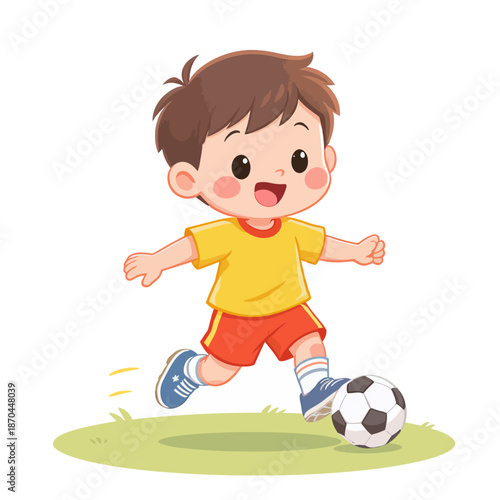 Cute cartoon boy playing soccer with a happy expression on his face, dribbling a ball in a grassy field