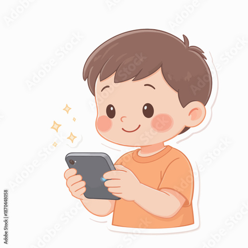 Smiling boy engrossed in playing on a smartphone with a sparkling effect