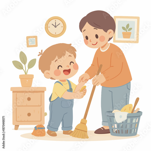 A father and son happily cleaning their room together, tidying up and sweeping with a broom, promoting teamwork and responsibility in a cozy home environment