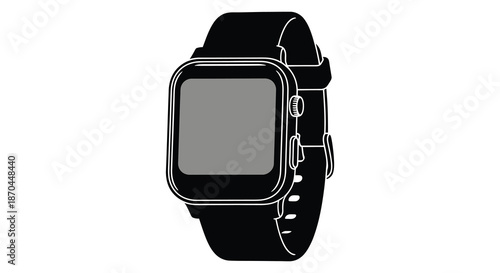 A minimalist depiction of a modern smartwatch on a dark strap presented as a silhouette