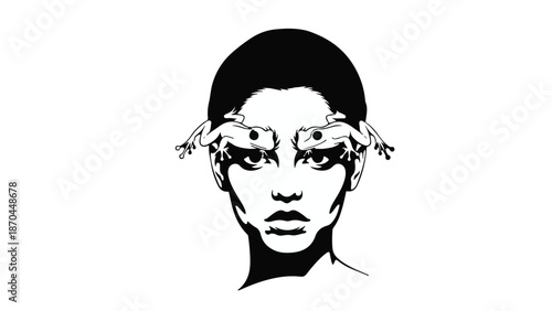 Striking portrait of a person with frogs creatively placed over their eyes, evoking a surreal and artistic mood.