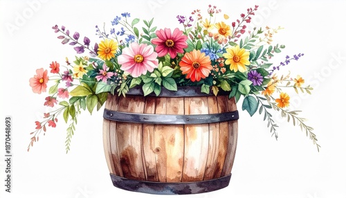 Wooden barrel filled with colorful flowers and green foliage