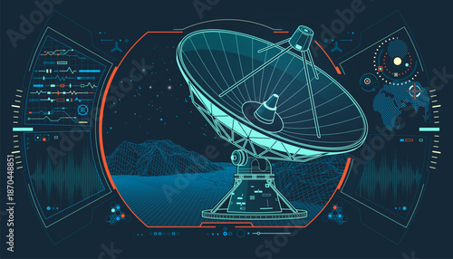telecommunication technology, graphic of lined satellite dish with dotted wavelength and system interface