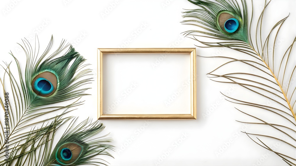 Obraz premium A close-up macro of a beautiful peacock feather frame with a eye pattern and bright blue plumage creates a natural textured background on white