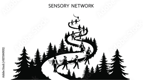 People connected on a winding path through a forest, symbolizing a network or journey.