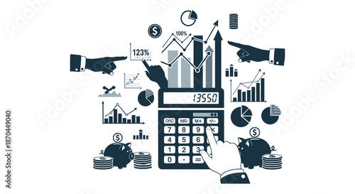 Financial growth and analysis depicted with charts calculators and pointing hands a striking silhouette