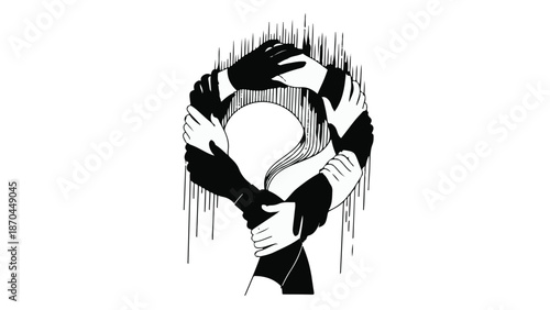 Diverse hands embrace in a circle, symbolizing unity and support against a backdrop of abstract lines.