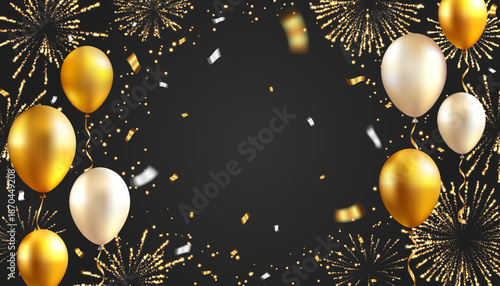 Luxury gold fireworks and baloons on black background
