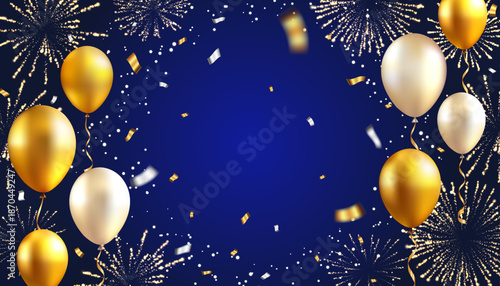 Golden fireworks and baloons on blue background illustration
