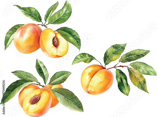 Realistic botanical watercolor illustration vector apricot fruit leaves composition: whole and half slice ripe juicy isolated clipart hand drawn