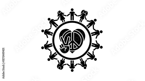 Black and white illustration of people holding hands in a circle around a heart with a peace sign, symbolizing unity and global harmony.