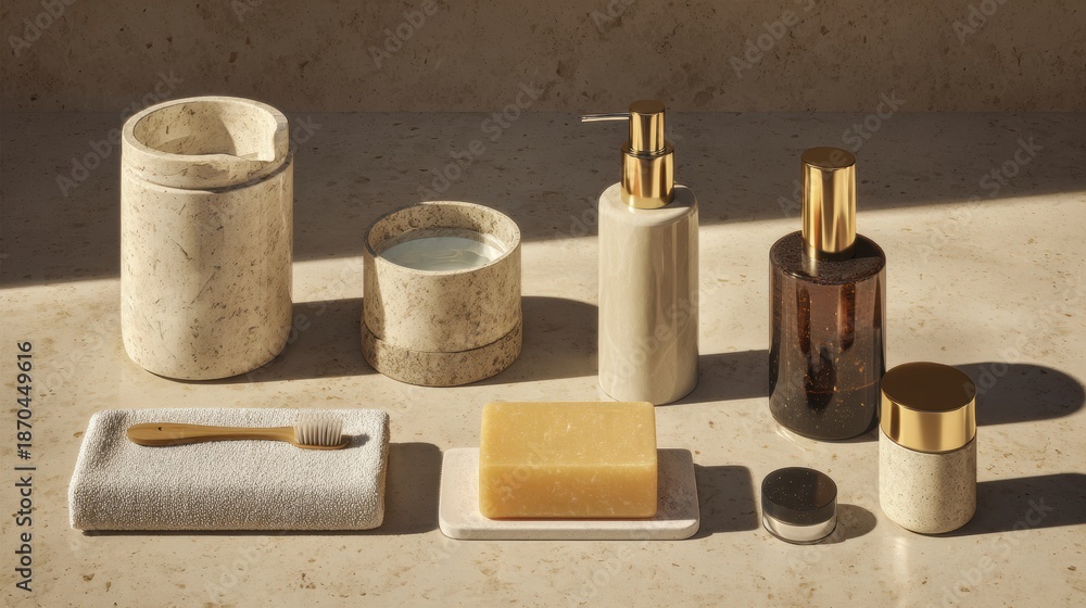 Naklejka premium Explore Home Routine With Clean Living Space Featuring Neutral Palette and Everyday Bathroom Items Arranged Neatly