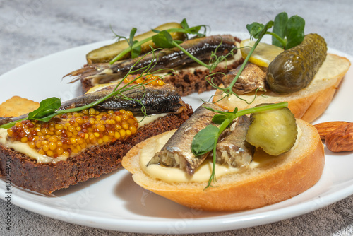 Assorted open-faced sandwiches with fish and pickles on a white plate, ready to serve on a textured background.