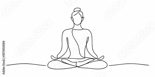 A serene woman in lotus position depicted with a minimalist line drawing style