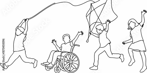 Inclusive celebration people running jumping and waving flags with a wheelchair participant