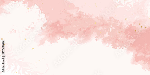 Soft pink watercolor background with delicate golden sparkles and cloudy texture