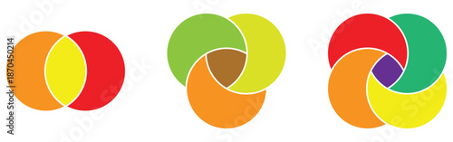 Marketing circle venn-diagram icons set on white page. Round infographic diagram icons. Modern isolated vector icons set on white background. EPS 10. 