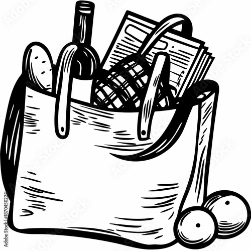 A black and white illustration of a picnic basket filled with food items