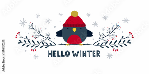 A charming winter illustration featuring a robin branches and snowflakes