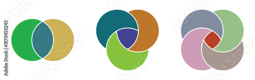 Marketing circle venn-diagram icons set on white page. Round infographic diagram icons. Modern isolated vector icons set on white background. EPS 10. 