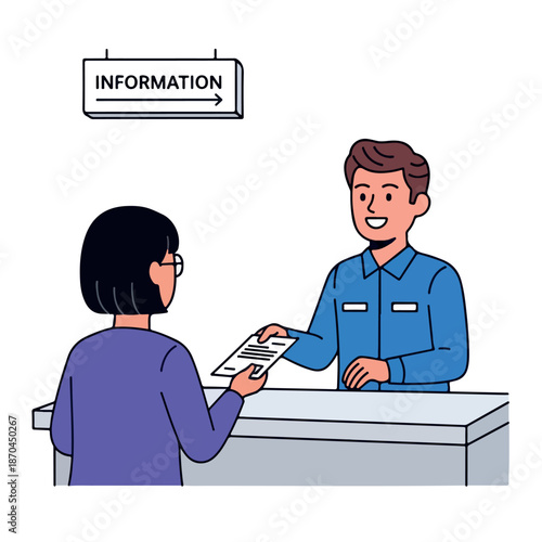 Illustration of a smiling man handing a paper to a woman at an information desk with a sign above.