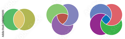 Marketing circle venn-diagram icons set on white page. Round infographic diagram icons. Modern isolated vector icons set on white background. EPS 10. 