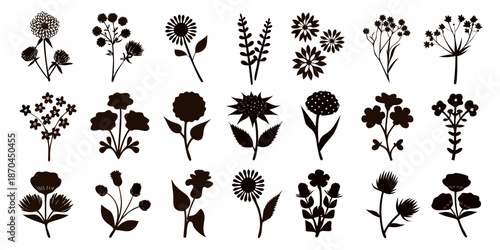 A collection of various black silhouette floral designs arranged in grid pattern