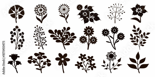 An assortment of detailed floral silhouettes in a monochrome style