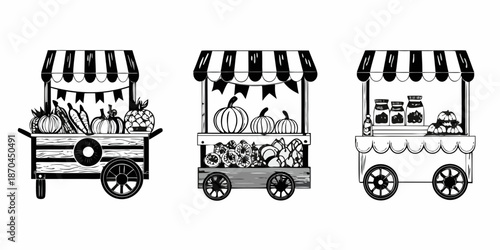 Three charming market carts displaying seasonal produce and baked goods