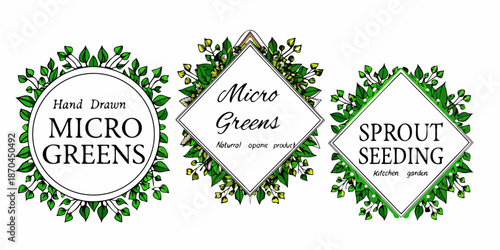 Three decorative emblems featuring leafy designs and text related to microgreens