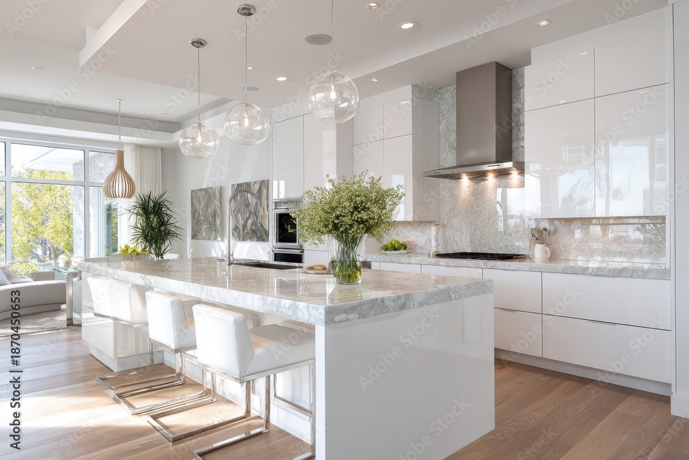 Fototapeta premium Luxurious white kitchen interior with warm wood floor and a large central island
