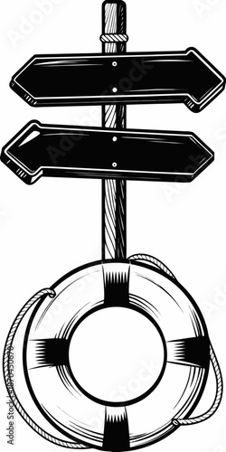 A vintage style signpost with a life preserver base illustration