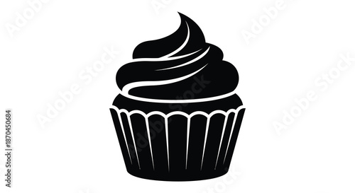 A delightful black and white illustration of a beautifully frosted cupcake design silhouette