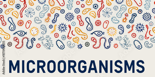 A vibrant seamless pattern of colorful microorganisms and bacterial shapes