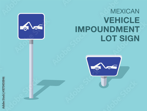 Traffic regulation rules. Isolated mexican "vehicle impoundment lot" road sign. Front and top view. Flat vector illustration template.