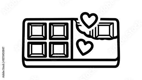 Line art illustration of a chocolate bar with some squares eaten and two hearts floating above it, symbolizing love or sweetness.