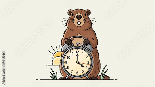 A cheerful cartoon groundhog holding a large alarm clock with a rising sun in the background, symbolizing time.