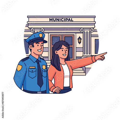 Illustration of a smiling police officer and a woman pointing outside a municipal building with a cartoon style and vibrant colors.