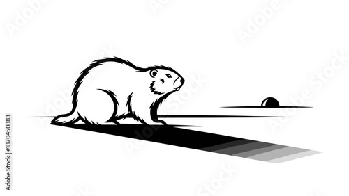 A black and white illustration of a groundhog looking at its long shadow on a flat surface, with a small mound in the distance.
