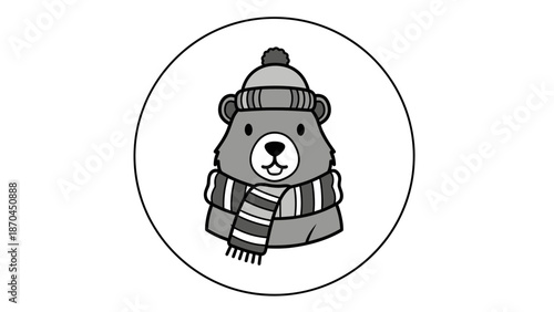 Cute cartoon bear wearing a striped winter hat and scarf, depicted in a circular black and white illustration.