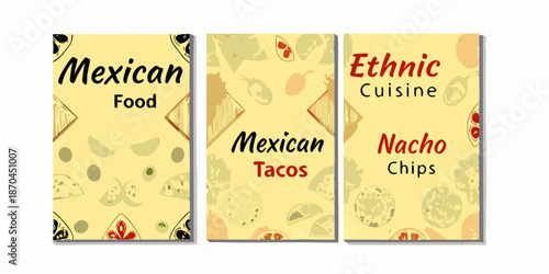 A set of three vertical banners advertising mexican food and ethnic cuisine