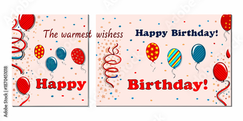 Colorful birthday cards with balloons confetti and celebratory wishes