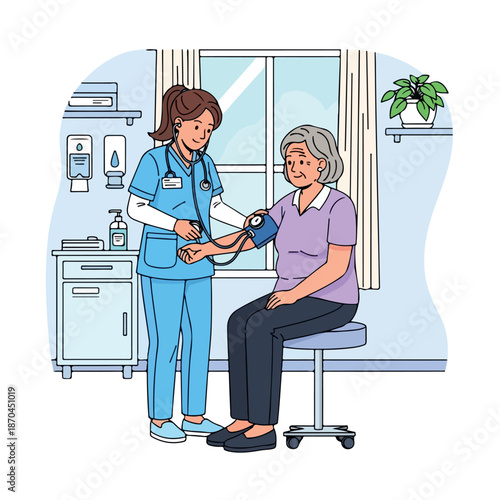 A female nurse checks the blood pressure of a senior woman in a medical office with a window and plant.