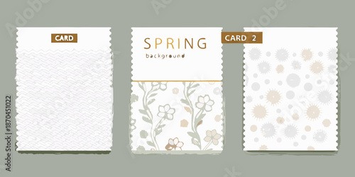 Three illustrated card designs with unique textures and spring floral elements